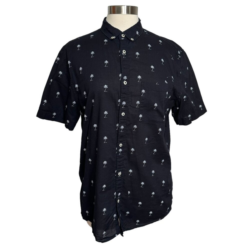 H&M Mens M Black Palm Tree Lightweight 100% Cotton Short Sleeve Button Shirt